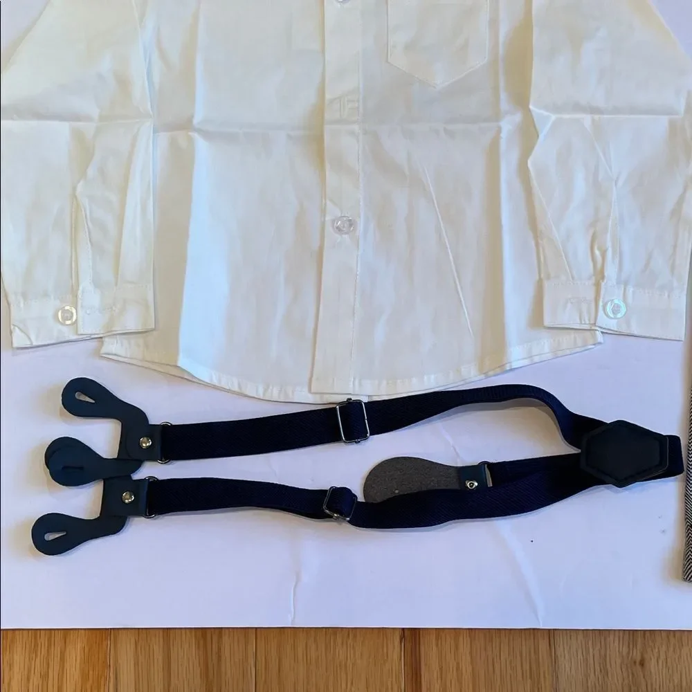 White Shirt and Gray Pants 3 piece  Set with navy Blue  Bow Tie and suspenders